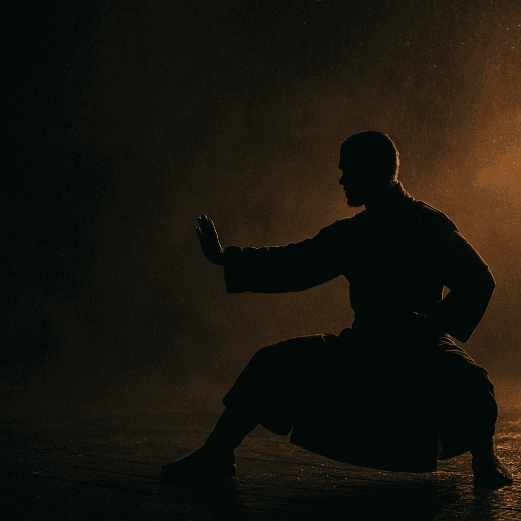 A kung fu master holding a low stance in fog and tungsten light